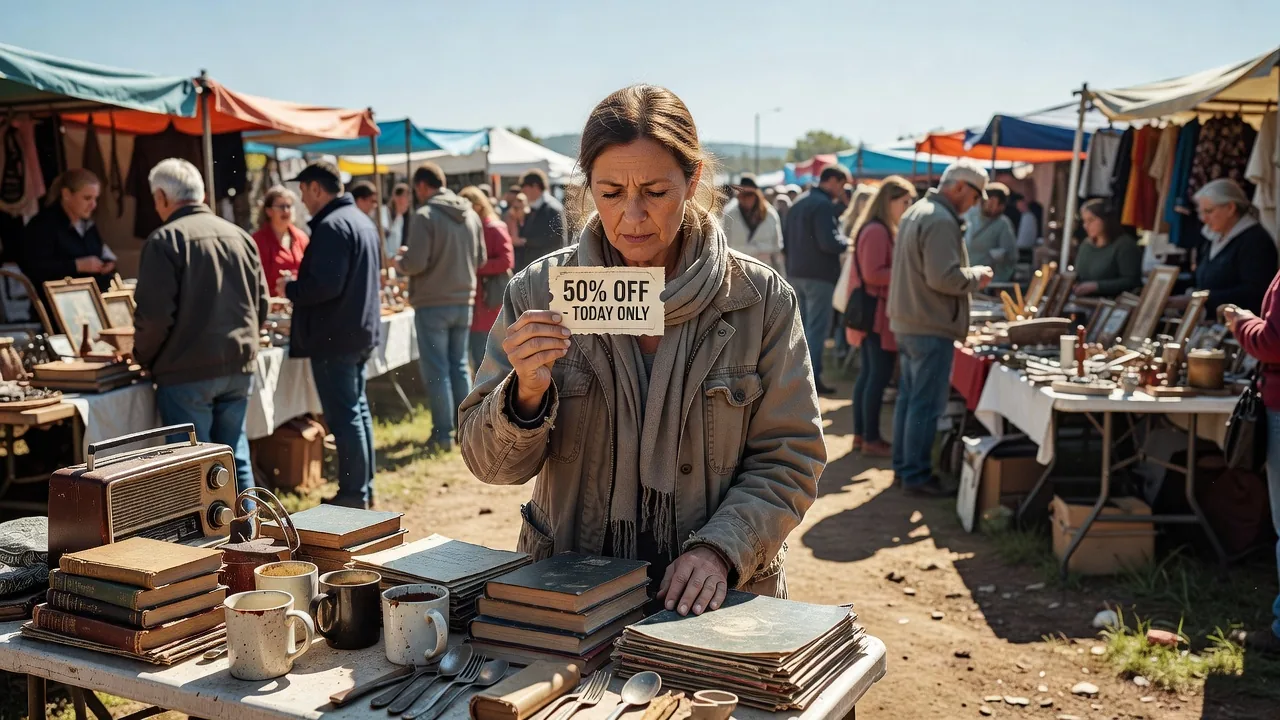 Bargain hunter at a flea market using a discount coupon for unique finds