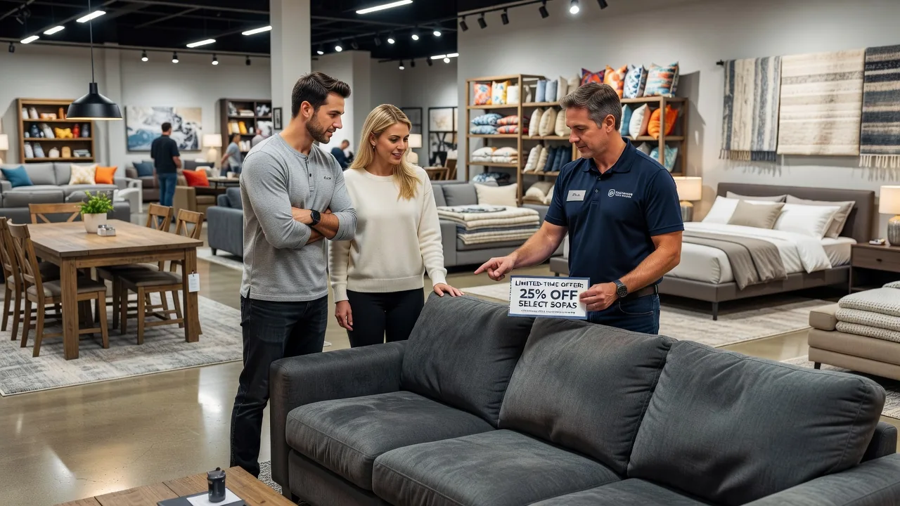 Couple shopping at a furniture store and using a discount coupon