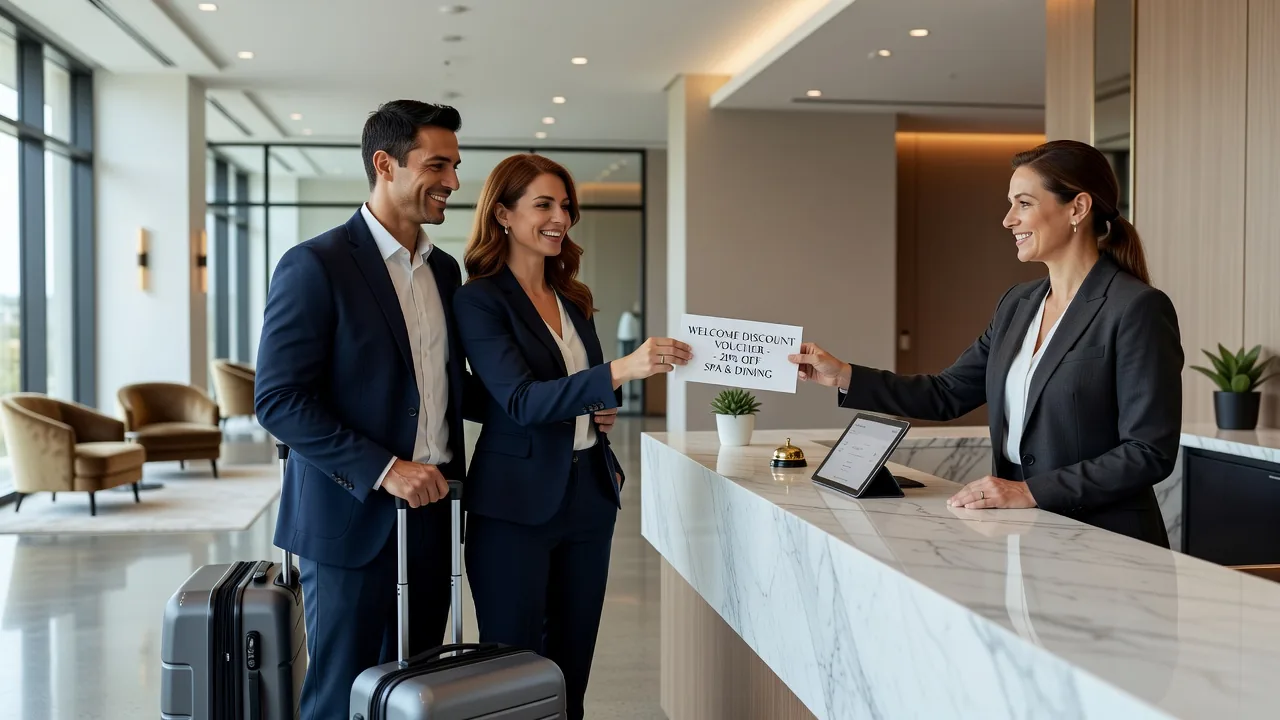 Happy couple checking into a hotel using a discount coupon at the front desk
