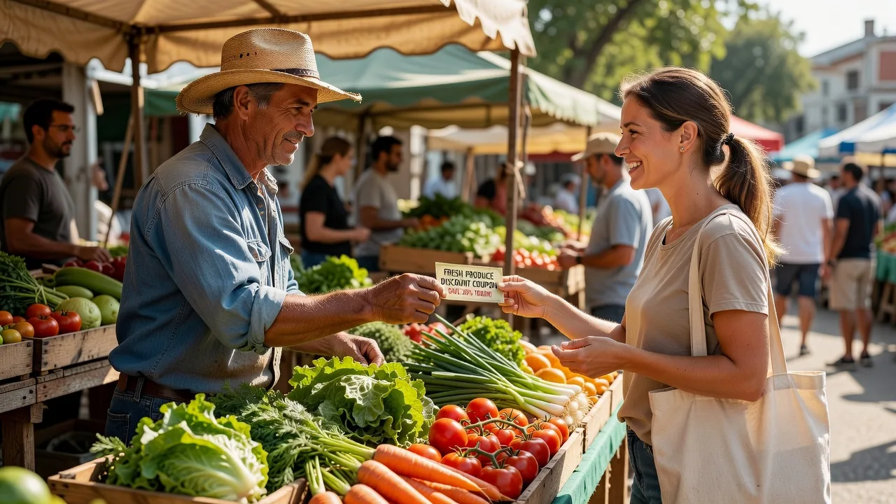 Fresh organic produce at a farmers market with discount coupon