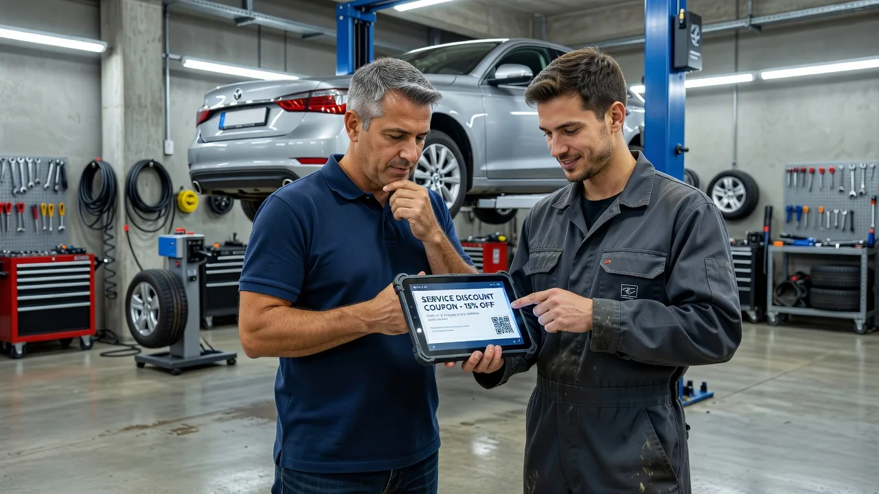Man at a car service center presenting his discount coupon for vehicle maintenance