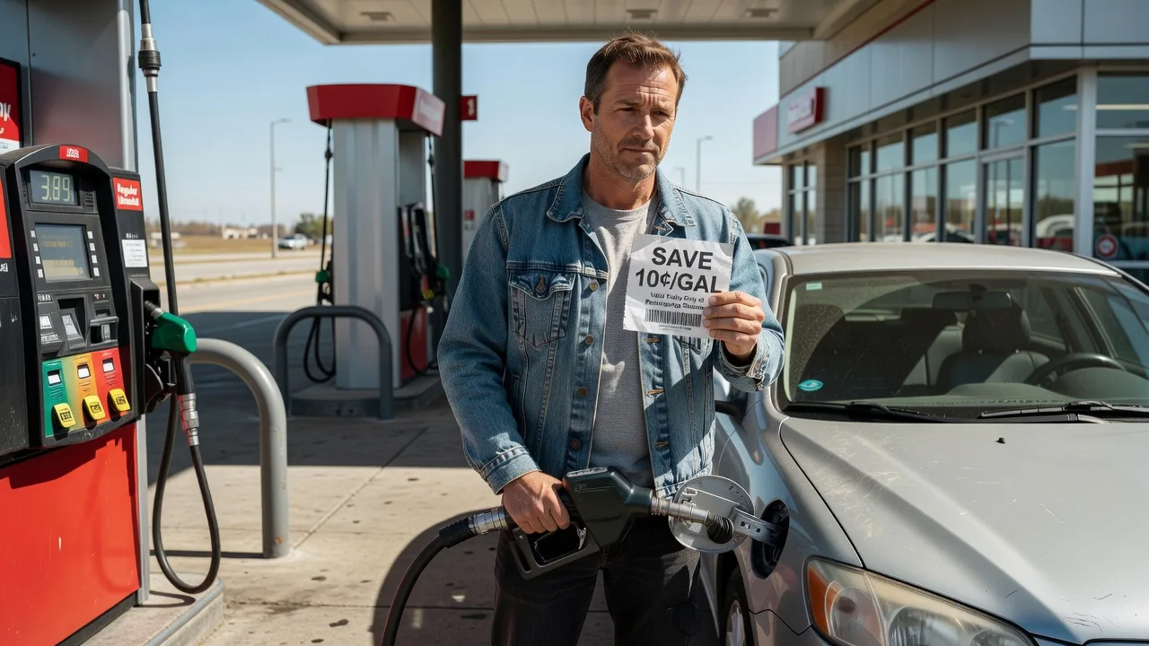 Man at a gas station using a fuel discount coupon while filling his car
