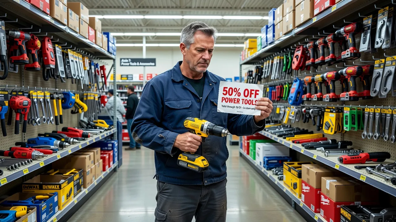 Man at a hardware store using a discount coupon for tools and supplies