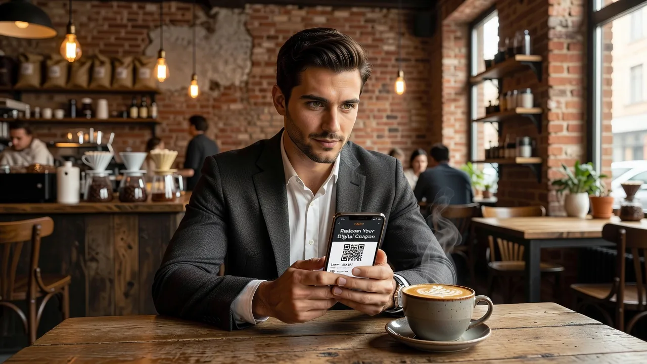 Man happily redeeming a coffee coupon at a local cafe — the everyday savings Velvet Valley Song is all about