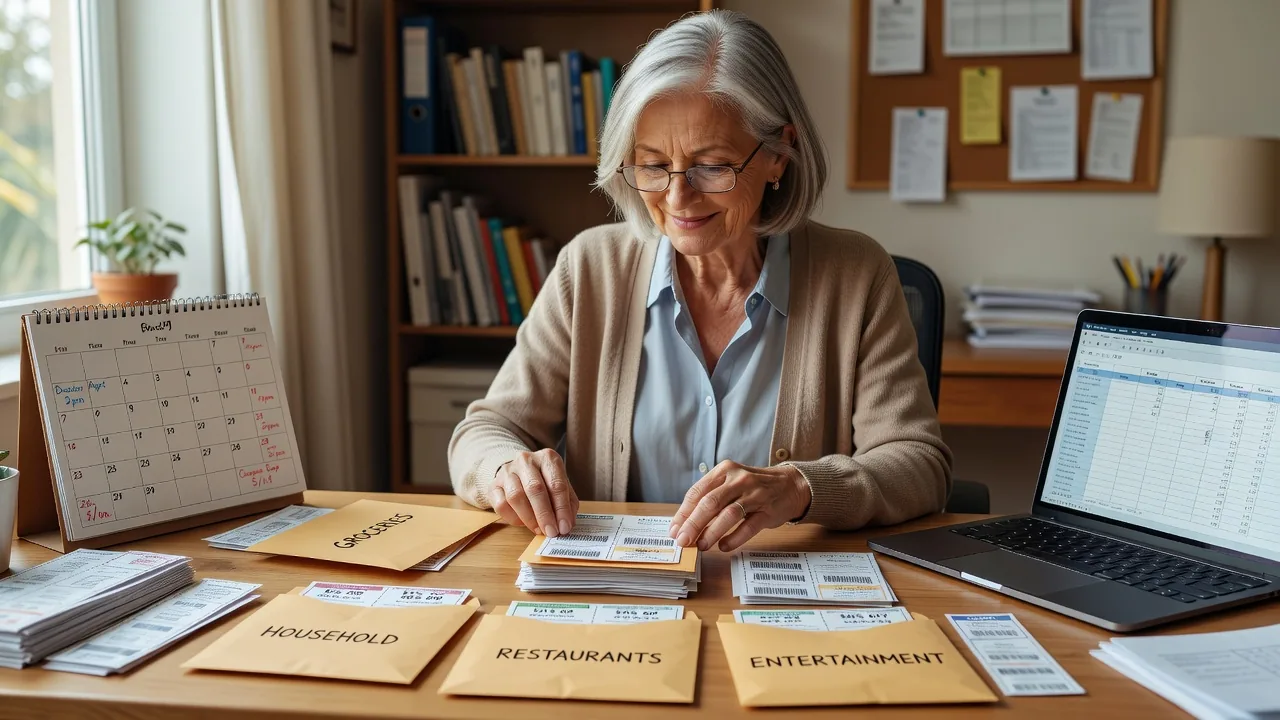 Senior woman carefully organizing her collection of coupons for maximum savings