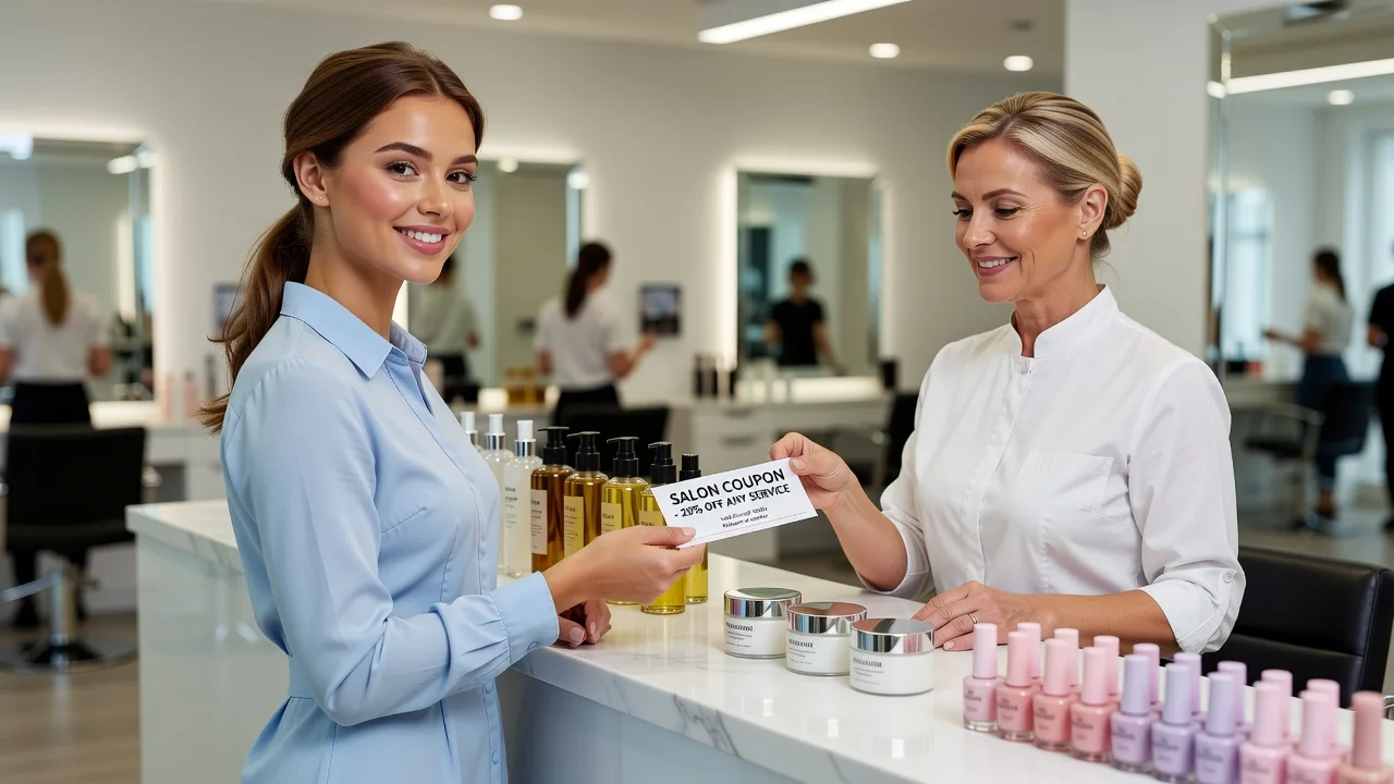 Woman at a beauty salon enjoying professional hair treatment with a discount coupon