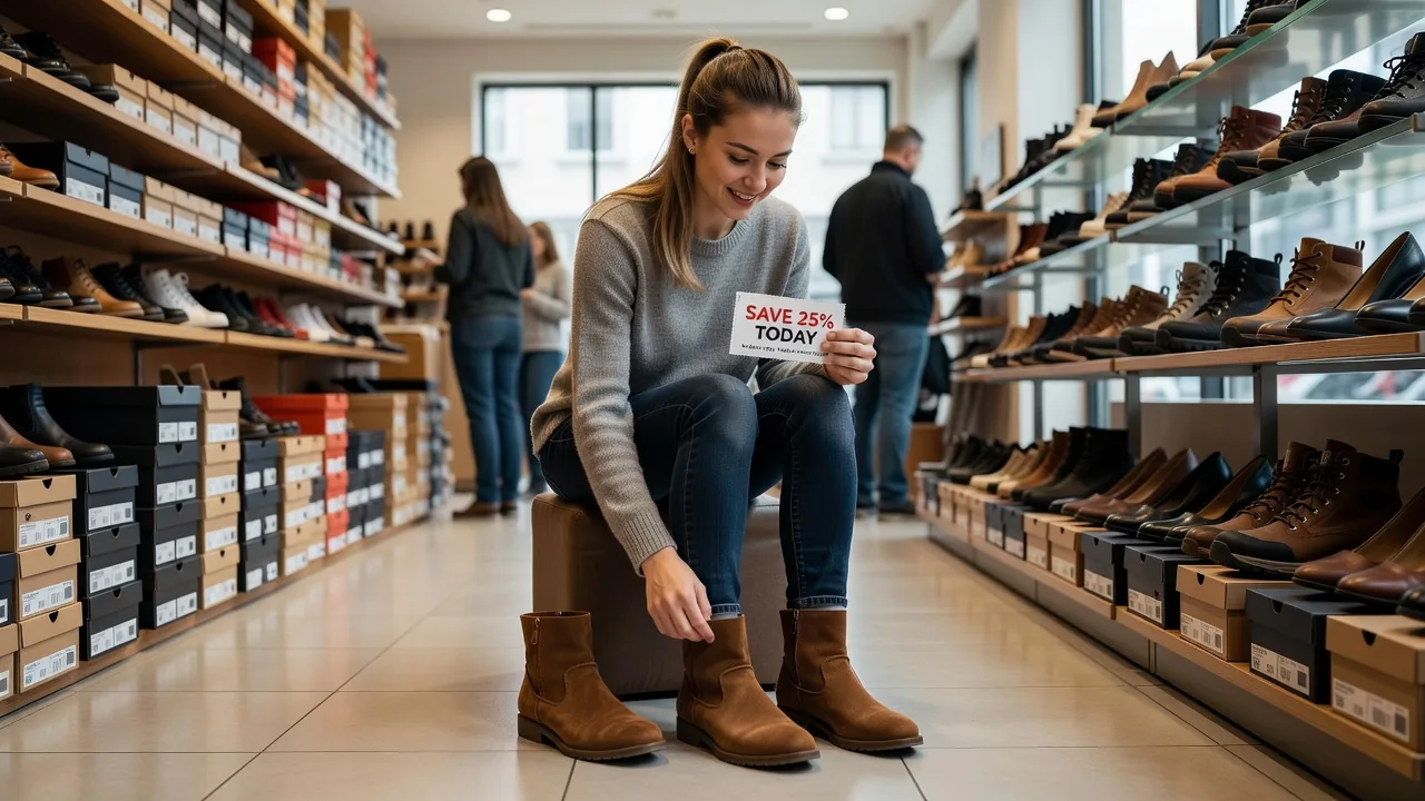 Woman happily using a shoe store discount coupon — the kind of savings Velvet Valley Song makes possible every day